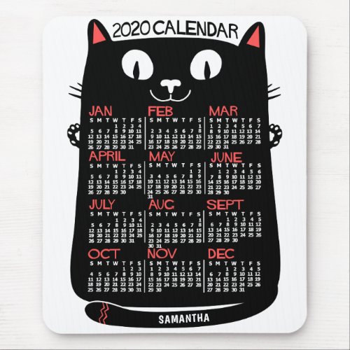 2020 Year Monthly Calendar Mid_Century Black Cat Mouse Pad