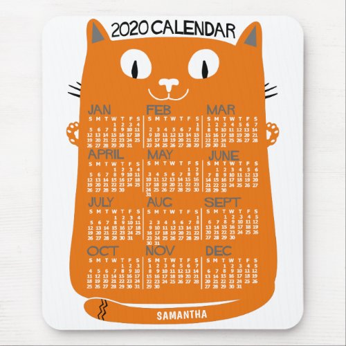 2020 Year Monthly Calendar Mid_Century Orange Cat Mouse Pad
