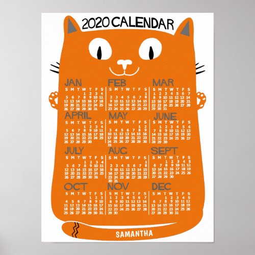 2020 Year Monthly Calendar Mid_Century Orange Cat Poster