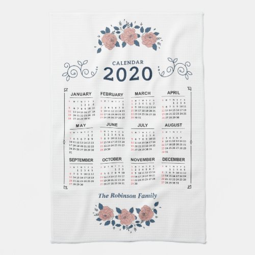 2020 Year Monthly Calendar Personalize Custom Kitchen Towel