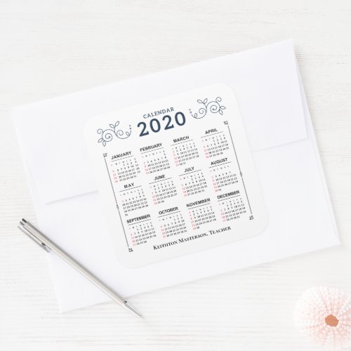 2020 Year Monthly Calendar Personalize Custom Square Sticker