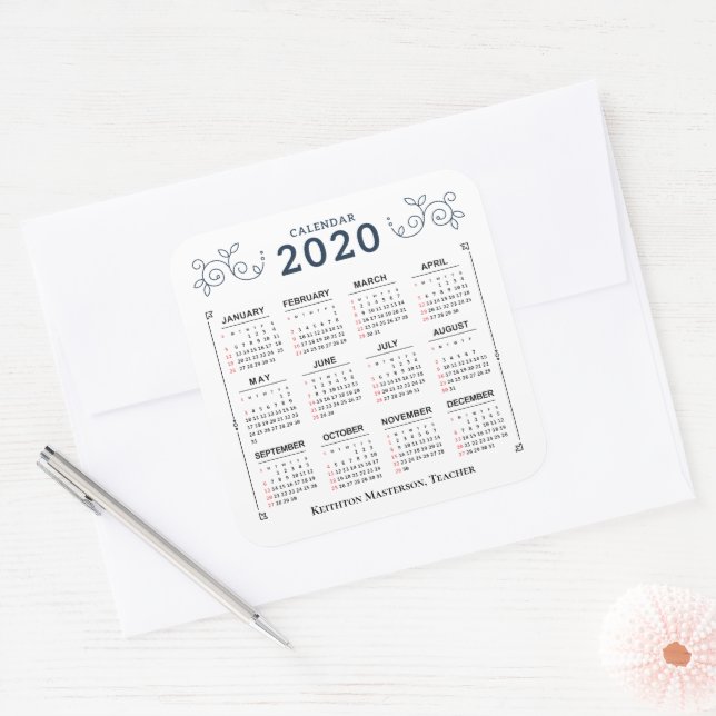 2020 Year Monthly Calendar Personalize Custom Square Sticker (Envelope)