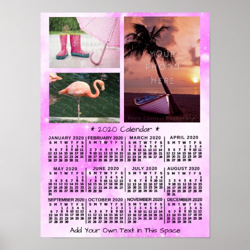 2020 Year Monthly Calendar Pink Watercolor 3 Photo Poster