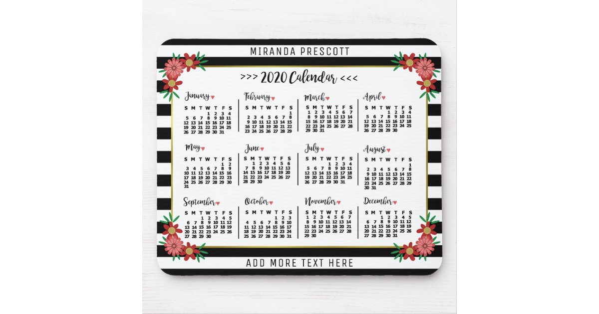 2020 Year Monthly Calendar | Preppy Floral Stripes Mouse Pad | Zazzle