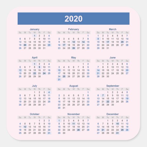 2020 Yearly Calendar on Pale Pink Square Sticker