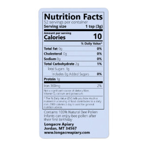 2021 Bee Pollen Nutrition Facts Blue Product Label