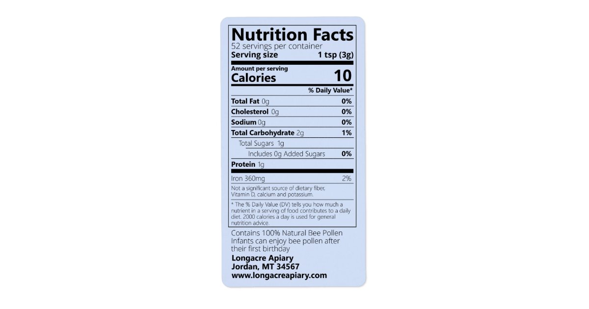 2021 Bee Pollen Nutrition Facts Blue Product Label | Zazzle