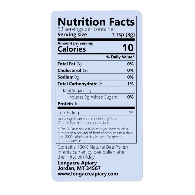 2021 Bee Pollen Nutrition Facts Blue Product Label (Front)