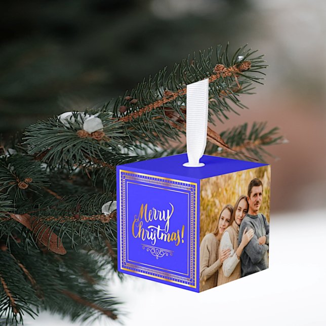 2021 Blue Family Christmas Photo Cube Ornament (Creator Uploaded)