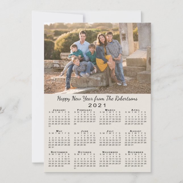 2021 Calendar Beige 2 Custom Photos Happy New Year Holiday Card (Front)