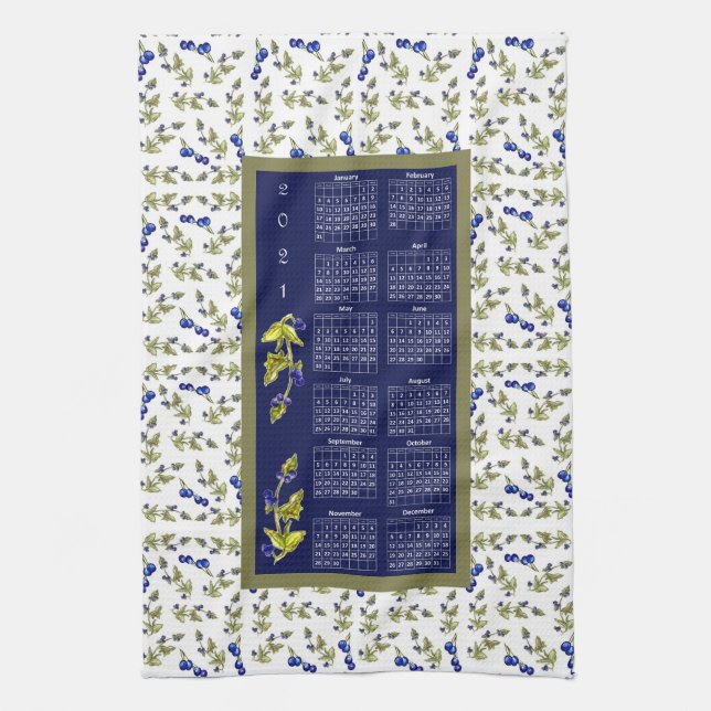 2021 Calendar Blueberries Stemmed Leaves Border Kitchen Towel (Vertical)