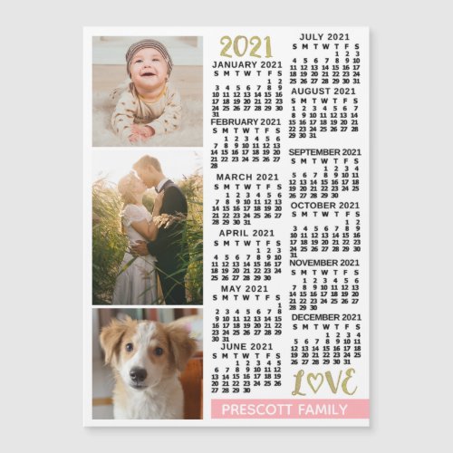 2021 Calendar Blush Pink Gold Custom Photos Magnet