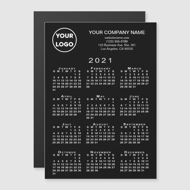 2021 Calendar Business Logo Text Black Magnet Card (Front/Back)