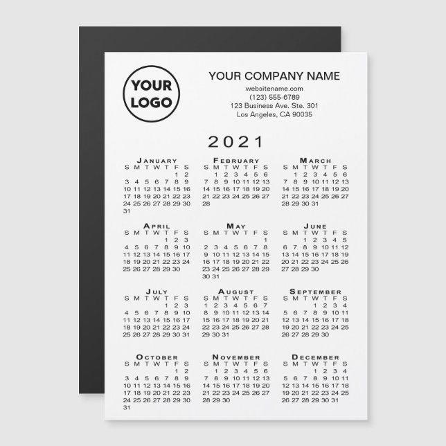 2021 Calendar Business Logo Text White Magnet Card (Front/Back)