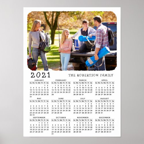 2021 Calendar Custom Photo Family Name Black White Poster