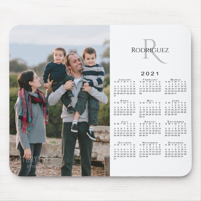 2021 Calendar Custom Photo Monogram Name on White Mouse Pad (Front)
