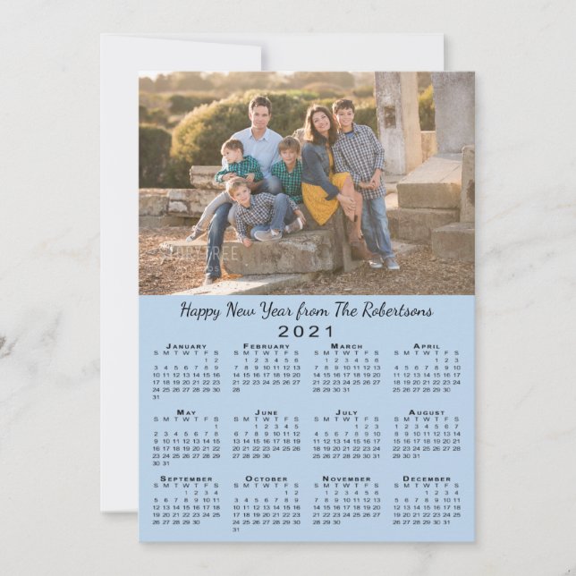 2021 Calendar Light Blue 2 Photos Happy New Year Holiday Card (Front)