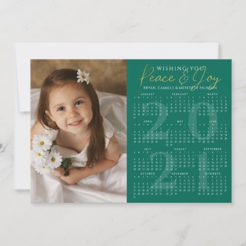 2021 Calendar Minimal PEACE JOY Photo Green Holiday Card