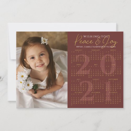 2021 Calendar Minimal PEACE JOY Photo Red Gold Holiday Card