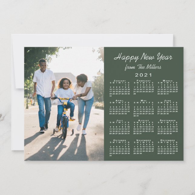 2021 Calendar Modern Green 2 Photo Happy New Year Holiday Card (Front)