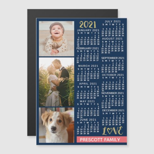 2021 Calendar Navy Coral Gold Custom Photo Collage Magnetic Invitation