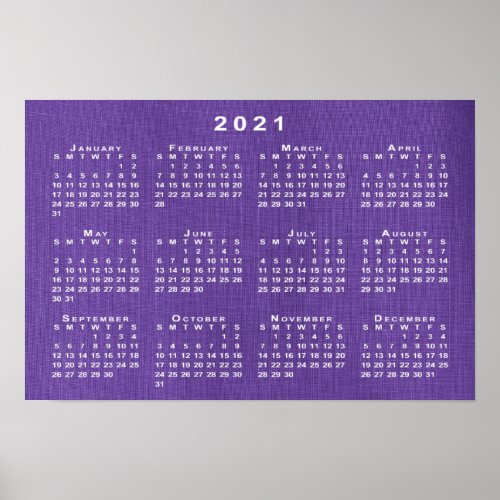 2021 Calendar on Purple Linen Texture Photo Poster