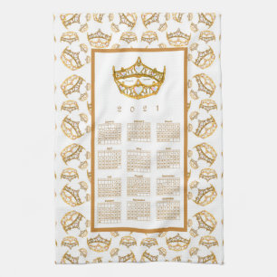 2021 Calendar Queen Hearts Gold Crown Tiara Border Kitchen Towel