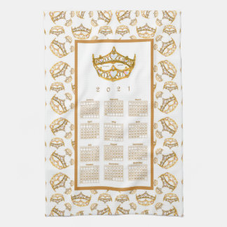 2021 Calendar Queen Hearts Gold Crown Tiara Border Kitchen Towel