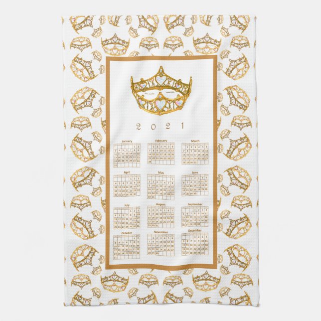 2021 Calendar Queen Hearts Gold Crown Tiara Border Kitchen Towel (Vertical)