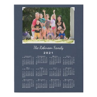 2021 Calendar with Custom Photo and Name on Navy Faux Canvas Print