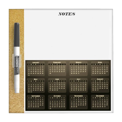 2021 Calendar with Notes Gold Glitter Business Dry Erase Board
