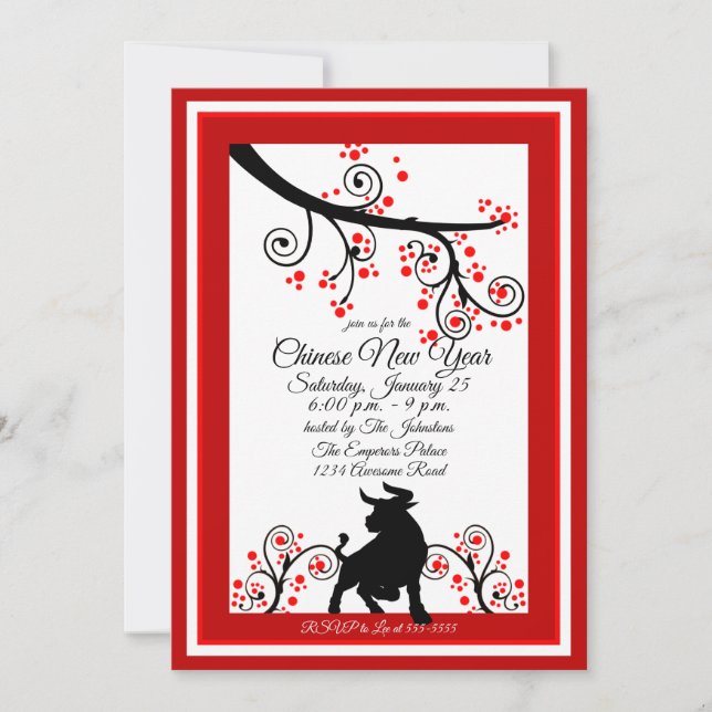 2021 Chinese New Year Ox and Flower Tree Invitation (Front)