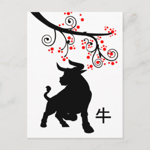 2021 Chinese New Year Ox and Red Blossoms Postcard