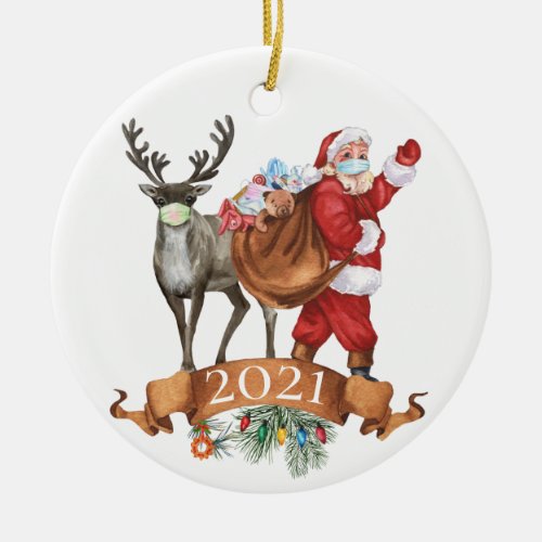 2021 Covid Santa Reindeer Watercolor Christmas  Ceramic Ornament