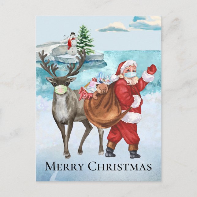 2021 Covid Santa Reindeer Watercolor Christmas Postcard (Front)