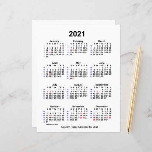 2021 Custom Holiday 52 Week Calendar by Janz 