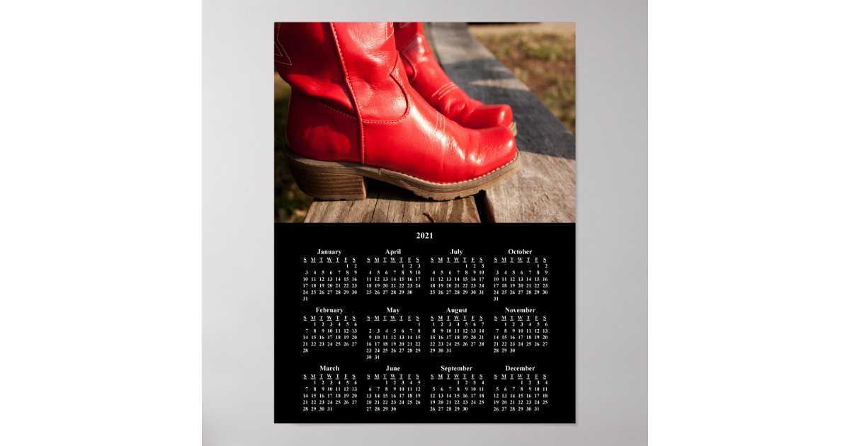 2021 Fancy Red Cowboy Boots Calendar Poster