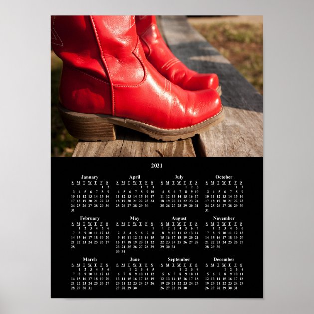 2021 Fancy Red Cowboy Boots Calendar Poster | Zazzle