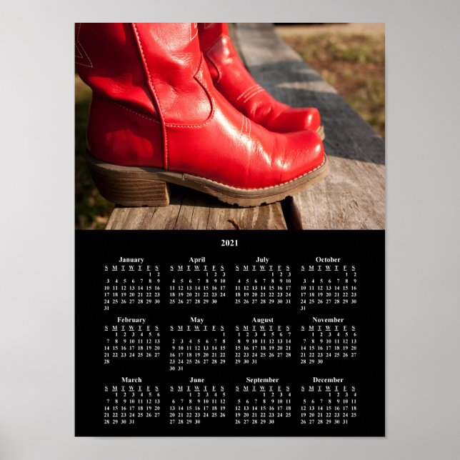 2021 Fancy Red Cowboy Boots Calendar Poster (Front)
