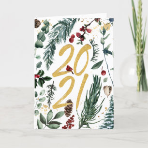 2021 Festive Pine Bough Magnolia Red Berry Holiday Card