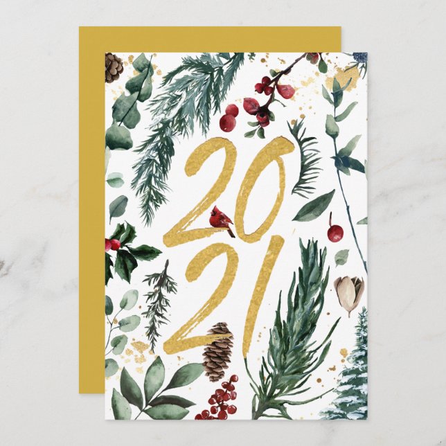 2021 Festive Pine Bough Magnolia Red Berry Holiday Card (Front/Back)