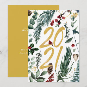 2021 Festive Pine Bough Magnolia Red Berry Holiday Card