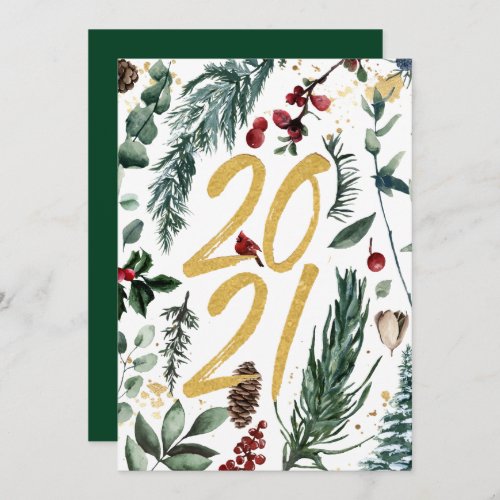 2021 Festive Pine Bough Magnolia Red Berry Holiday Card