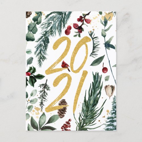 2021 Festive Pine Bough Magnolia Red Berry Holiday Postcard