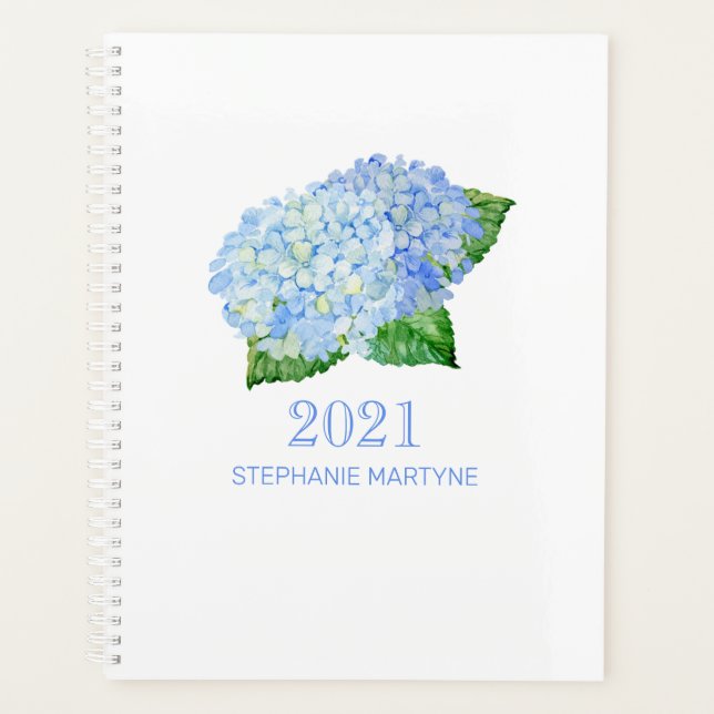 2021 Floral Watercolor Hydrangea Personalized Name Planner (Front)