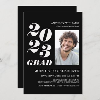 2021 Grad Party Bold Text On Black With Your Photo Invitation by Oasis_Landing at Zazzle