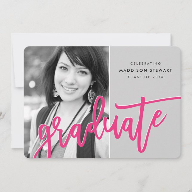 2021 GRAD PARTY modern lettered overlay pink gray Thank You Card (Front)