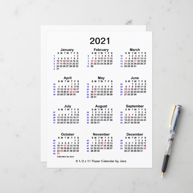2021 Holiday 52 Week Calendar by Janz 8.5x11 Paper (Front/Back In Situ)