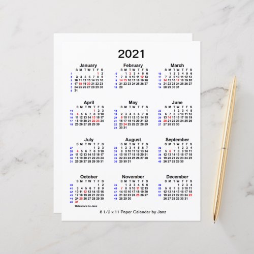 2021 Holiday 52 Week Calendar by Janz 85x11 Paper