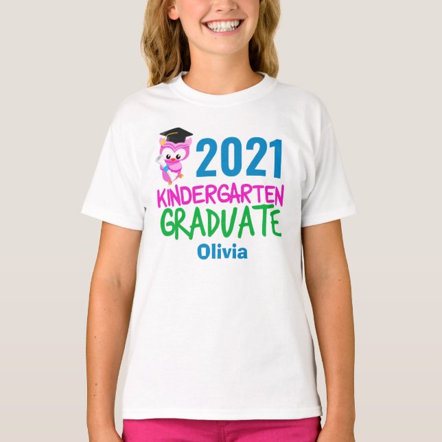 2021 Kindergarten Graduation Cute Pink Owl T-Shirt (Front)